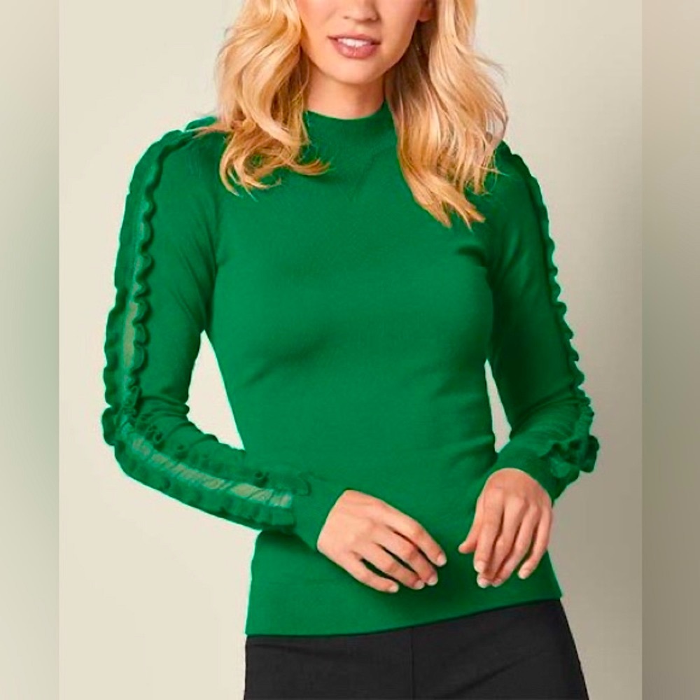 Venus | Green Sheer-Panel Ruffle-Sleeve Sweater